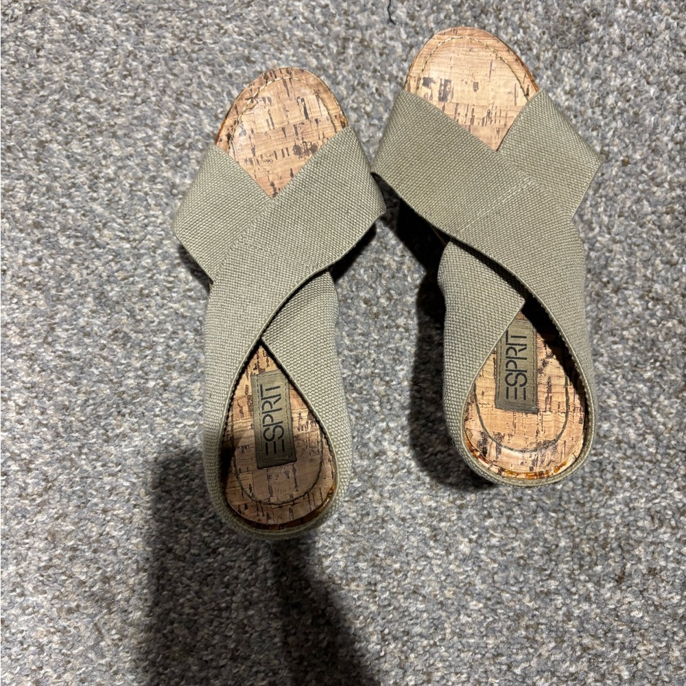 Esprit Olive Green Cork Wedge Sandals